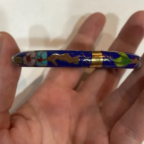 Cloisonné Hinged Bangle Bracelet Blue Pink Brown Yellow Good Used Condition - Picture 5 of 9